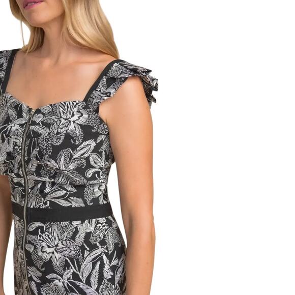 Joseph Ribkoff Zip Front Black White Floral Shift Bodycon Ruffle Dress NEW 10 - Picture 2 of 16